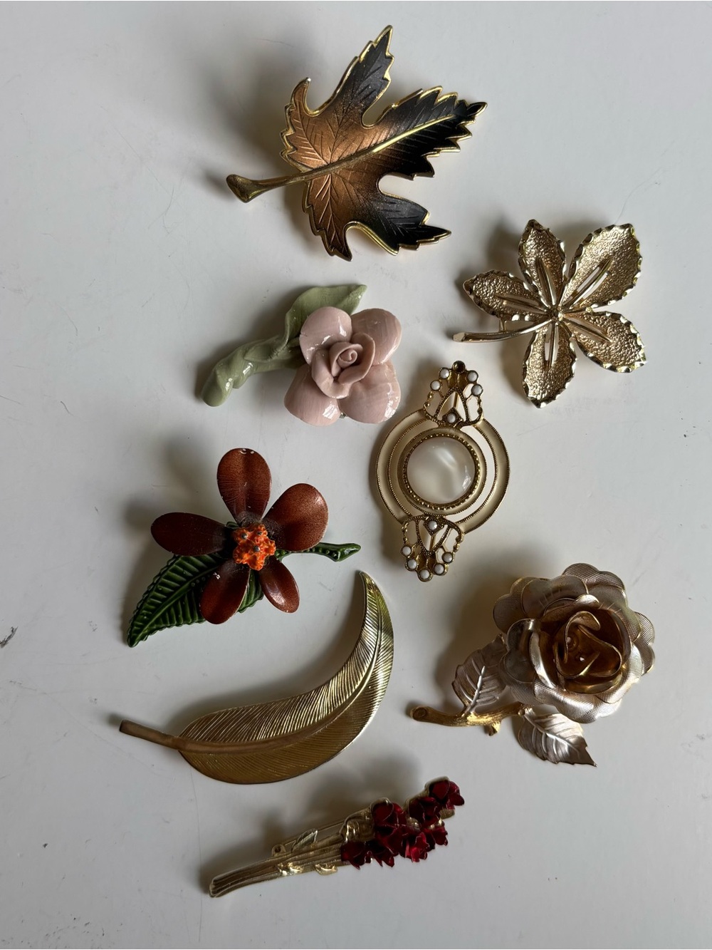 Mixed Floral & Leaf Vintage Brooch Lot - Gold, Pink, Red, Green